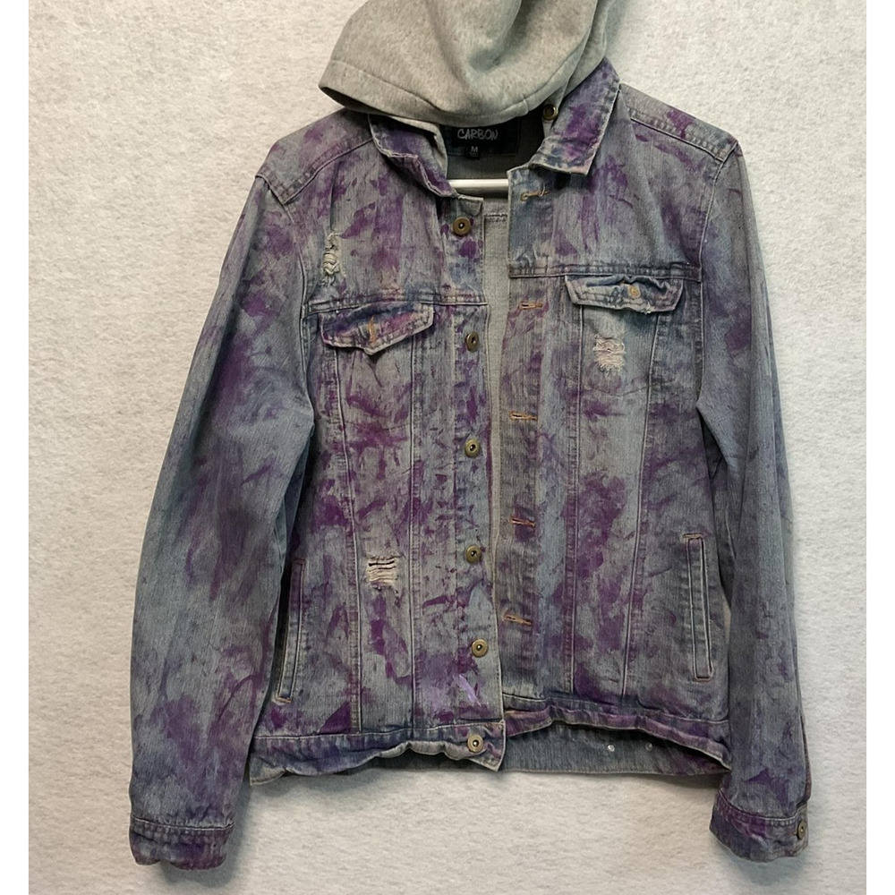 Carbon Jacket Mens Medium Blue Purple Denim Distressed Hooded Streetwear Grunge